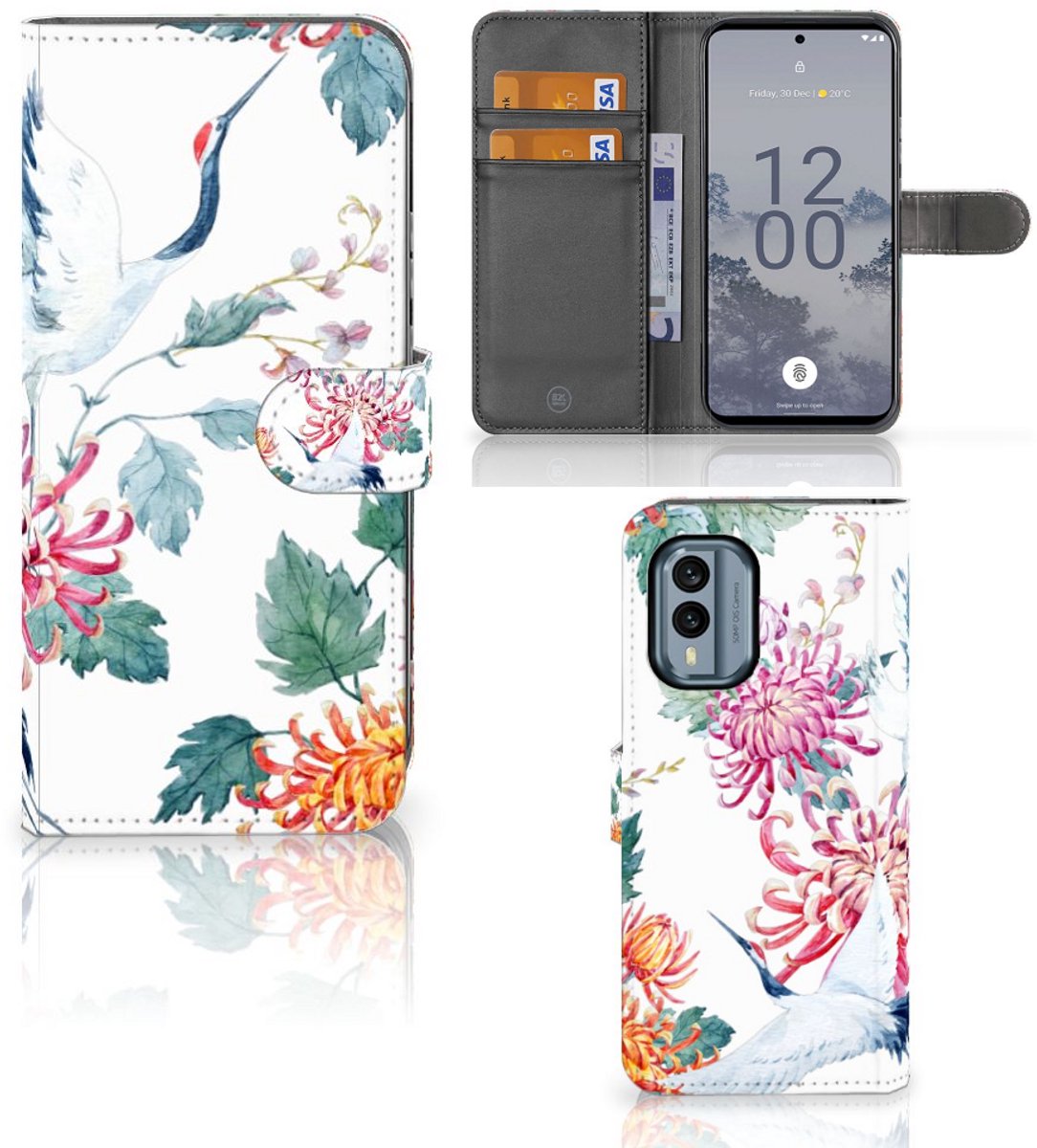 Nokia X30 Telefoonhoesje met Pasjes Bird Flowers