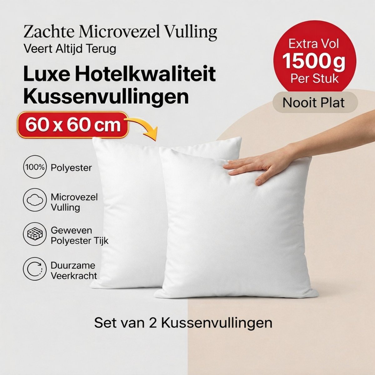 Set van 2 | BINNENKUSSEN - 60x60 cm | 1500 gram/stuk | Kussenvulling | 100% Polyester | Vulling - Microvezel