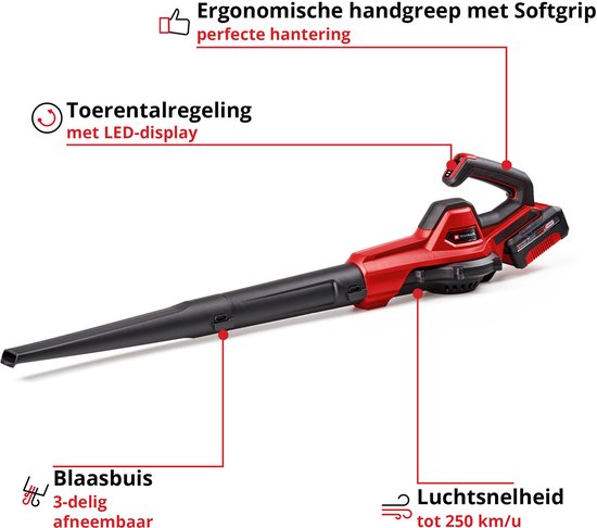 Einhell Accu Universele Blazer GE-UB 36/250 Li E Kit - Power X-Change - 18 V/Li-ion - Blaassnelheid: 250 km/h - 3-delige buis - Elektr. snelheidsregeling met LED-indicatie - Incl. 4.0 Ah Accu en lader van Einhell — afbeelding 2