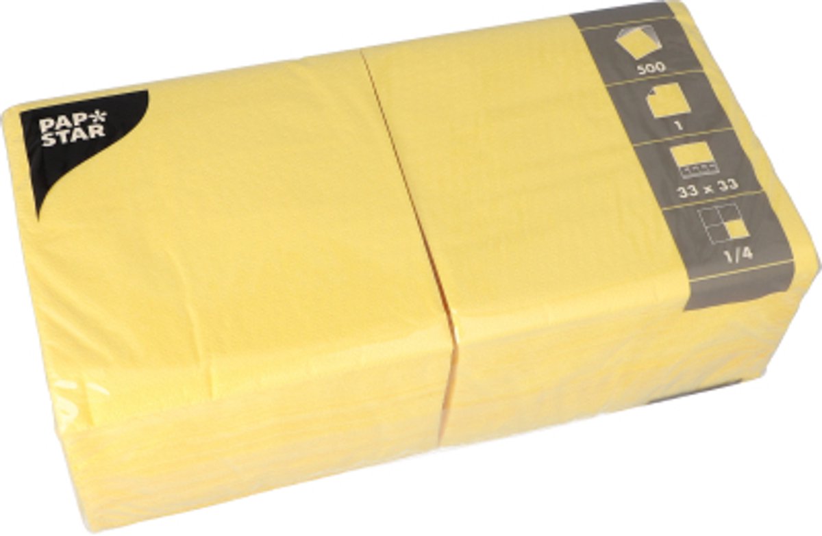 10x 500 Servetten 1-laags 1/4 vouw 33 cm x 33 cm geel