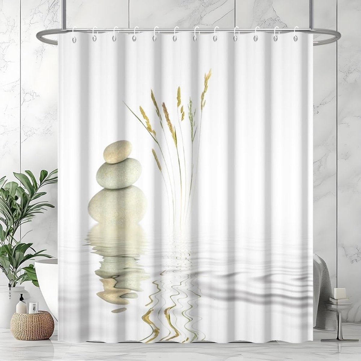 Douchegordijn 180x180 cm – Schimmelwerend stoffen douchegordijn met "Spa-stenen" / Grijs kiezel-Zen-landschapsdesign – Wasbaar, waterdicht polyester badgordijn inclusief 12 haken voor de badkamer