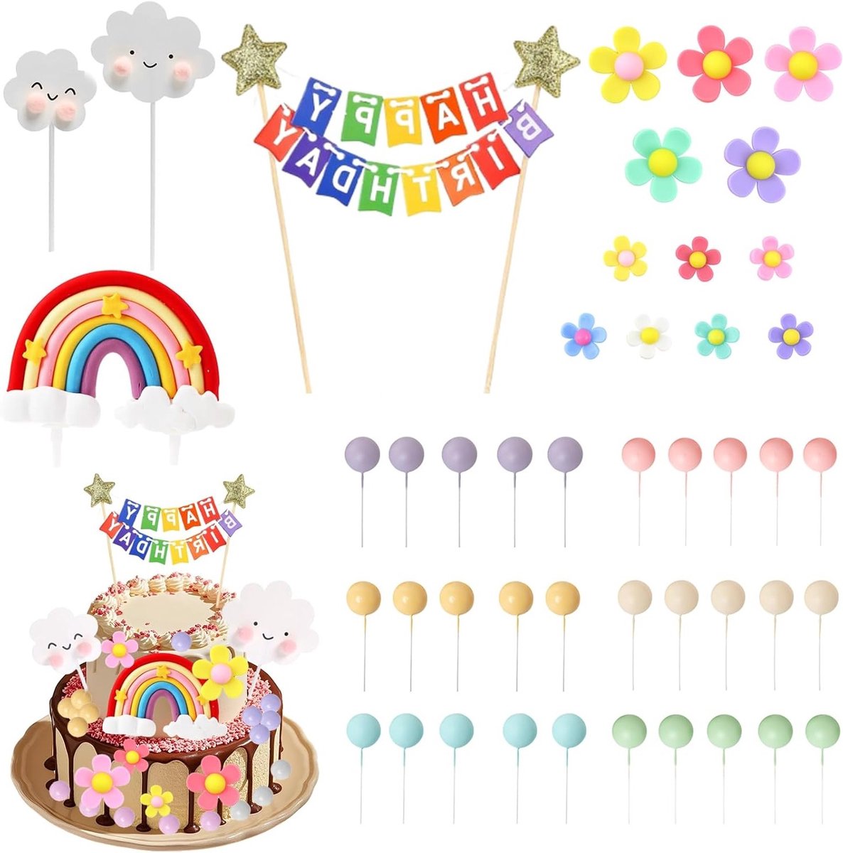 Set voor het Versieren van Taarten - 45-delige Boho Cake Topper Kit met Zachte Silicone Bloemen, Regenboog Sterren en Kleurrijke Decoraties voor Verjaardagen en Feestjes