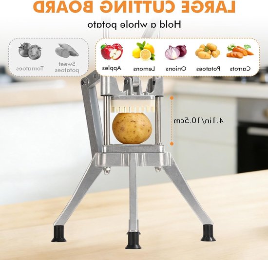 Professionele Aardappel Snijder voor Frieten, Groenten en Fruit - RVS, 6 mm, 9 mm, 13 mm, Inclusief 8 Wedges, Ideaal voor Aardappelen, Wortelen en Komkommers — afbeelding 3