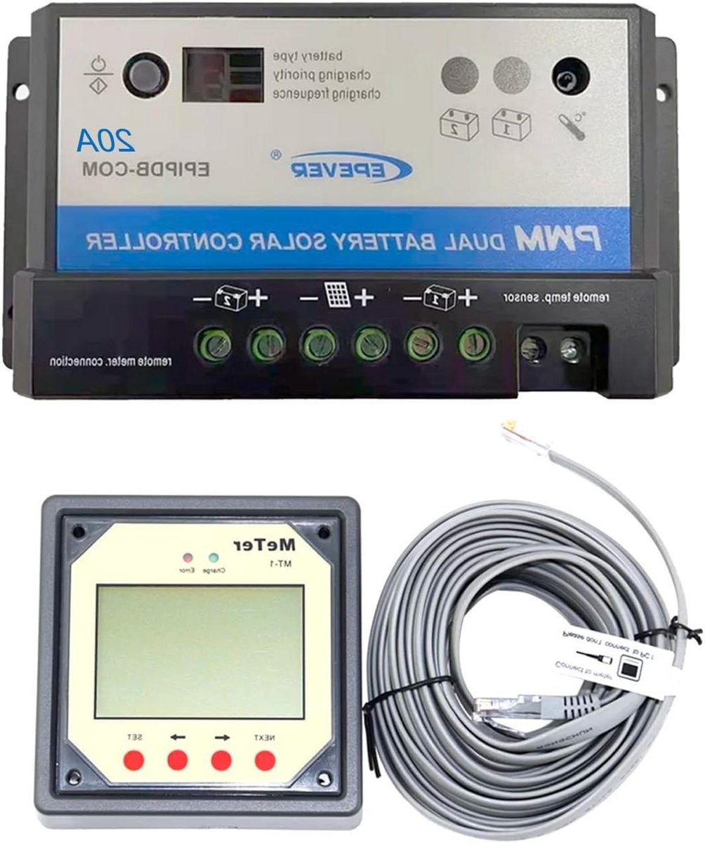 PWM Laadregelaar Duo Batterij - Zonnecontroller Caravan Boot - Dubbele Batterij Laden - Met Afstandsbediening Display - 20A 12/24V - Zwart