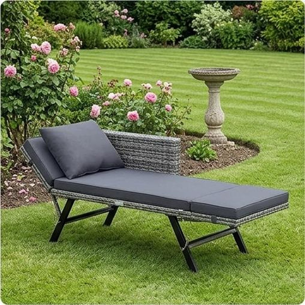 Tuinbank 3-Zits met Ligfunctie – Polyrotan Loungebank met Verstelbare Armleuningen, Inclusief Kussens, Weerbestendig, Uitklapbare Ligstoel voor Tuin & Balkon, Grijs – Urbanhome