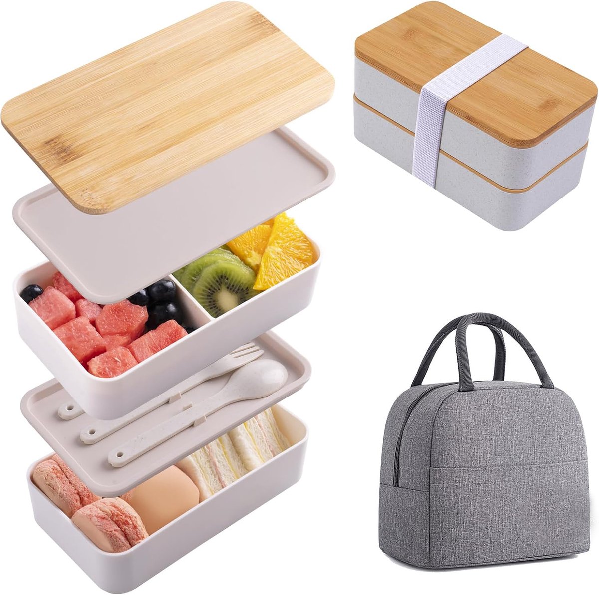 Japanse bamboe bento-box met tussenschotten en bestek, stapelbare lunchbox, inclusief lunchtas, beige.