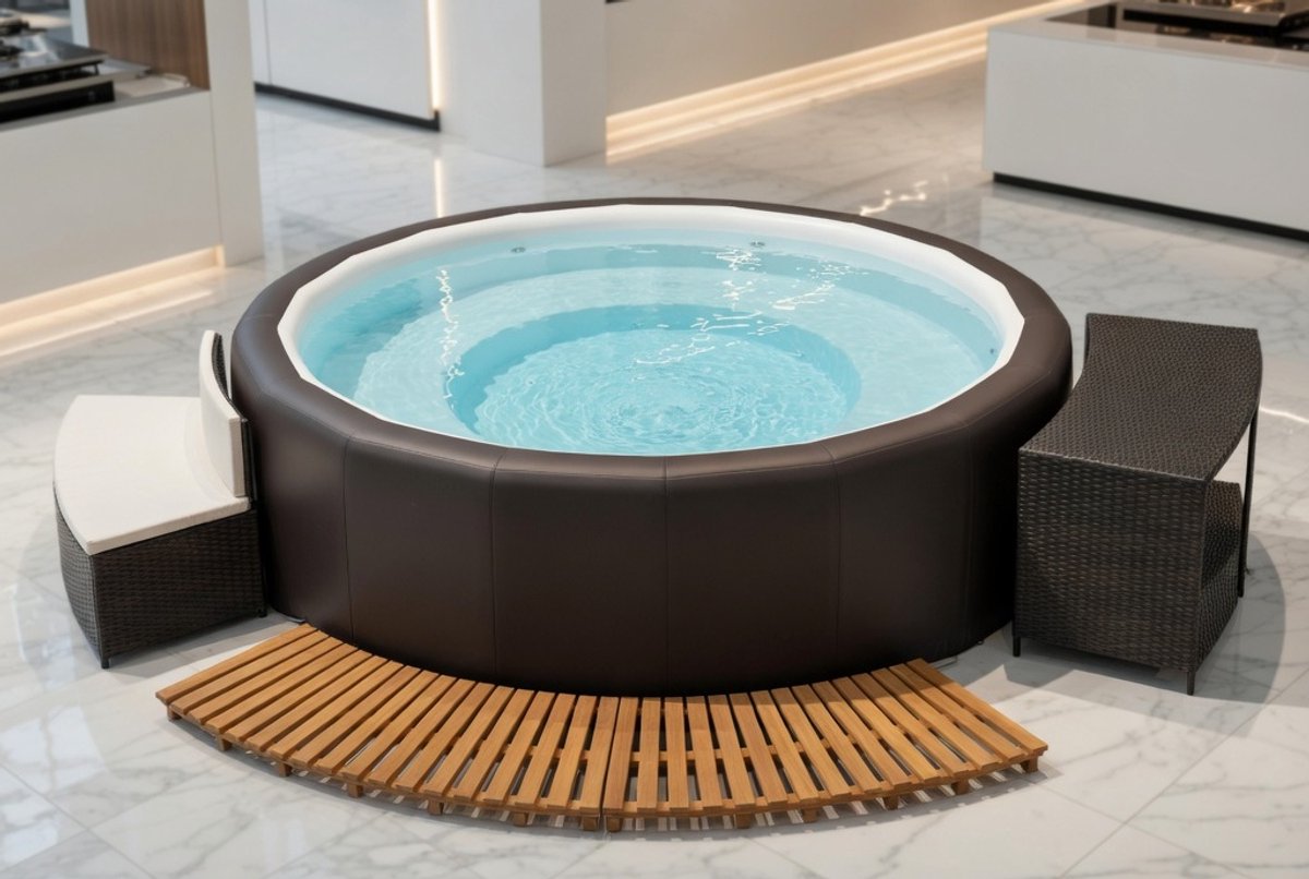 Ronde Luxe Whirlpool Border & Pool Cover – Zwart Poly Rattan & Massief Acaciahout – Waterdichte Outdoor Spa Rand – MedaHomeStore