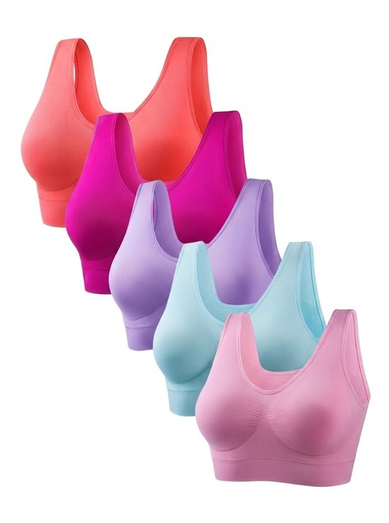 Vijf naadloze sportbeha's in pastelkleuren: roze, lichtblauw, paars, fuchsia en oranje, op een witte achtergrond.