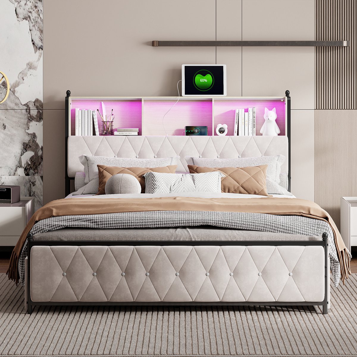 ROSAHQNDA Gestoffeerd bed met ledverlichting, USB-poort en 4 lades, 140 x 200 cm, opbergruimte in het hoofdeinde, voor jongeren of volwassenen, fluweel, beige