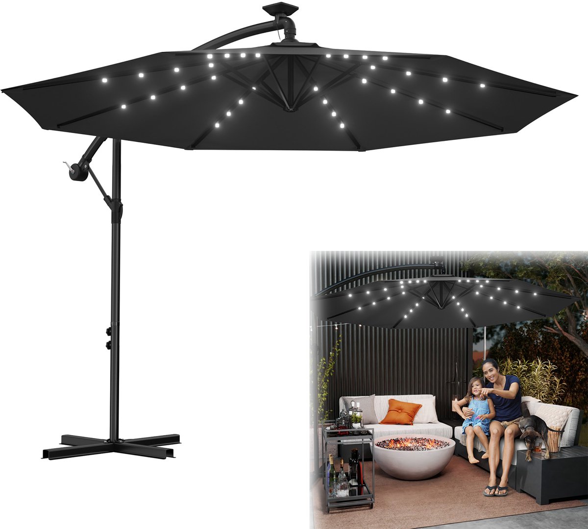 Aufun Zwevende Zwengelparasol Ø300cm - LED Solar & UV-bescherming | Tuin/Terras/Balkon - Donkergrijs
