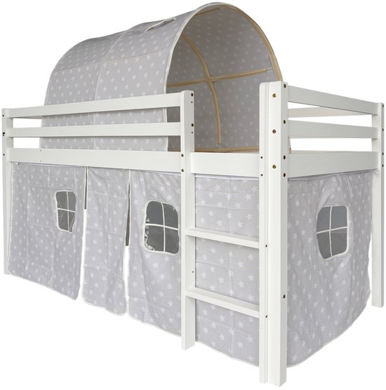 Hoogslaper met tent 90x190 cm | Kinderbed van wit grenenhout met ladder en veiligheidshek (speelbed, zonder matras)
