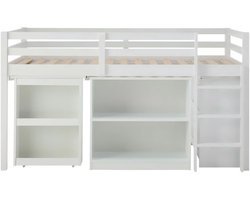 Hoogslaper kinderbed 90×190 cm (zonder matras), halfhoog bed van wit grenenhout met bureau en opbergruimte voor kinderkamer