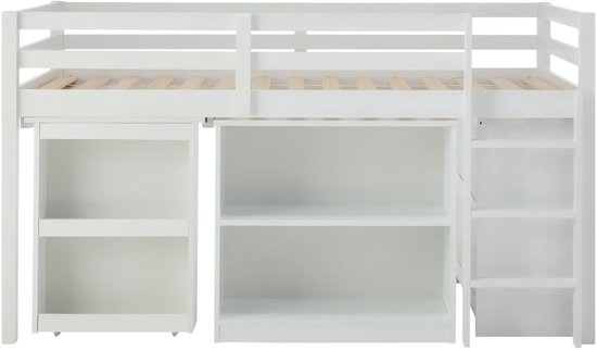 Halfhoogslaper 90x190 cm voor kinderen | Hoogslaper bed van wit grenenhout met bureau en opbergruimte (zonder matras)