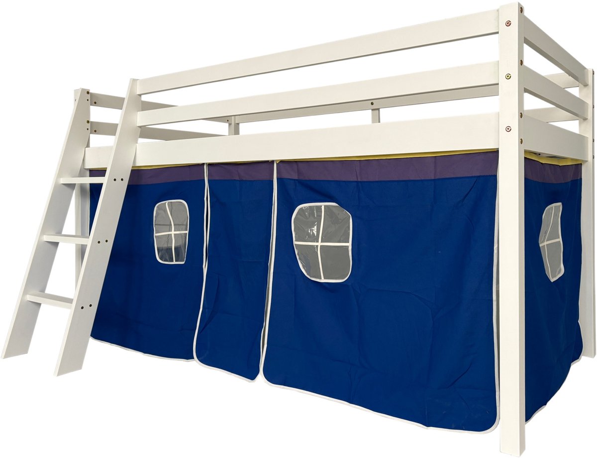 Hoogslaper met tent 90x190 cm Kinderbed (zonder matras), ruimte thema, wit grenenhout met katoenen tent, speelbed met veiligheidshekje en ladder