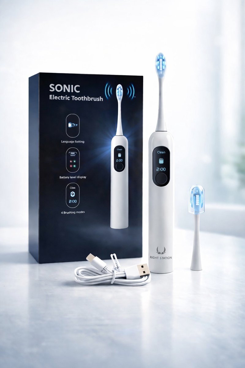 Right Station®-Sonic Elektrische Tandenborstel – Oplaadbaar – 4 Poetsstanden – 2 Min Timer – Batterijdisplay – Inclusief Opzetborstels & USB-kabel-Scherm- screen-PREMIUM WHITE