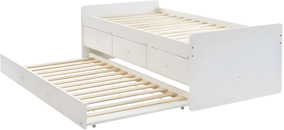 Kinderbed 90×190 cm (zonder matras) met uitschuifbed en opbergruimte, wit daybed van grenenhout en MDF met lades