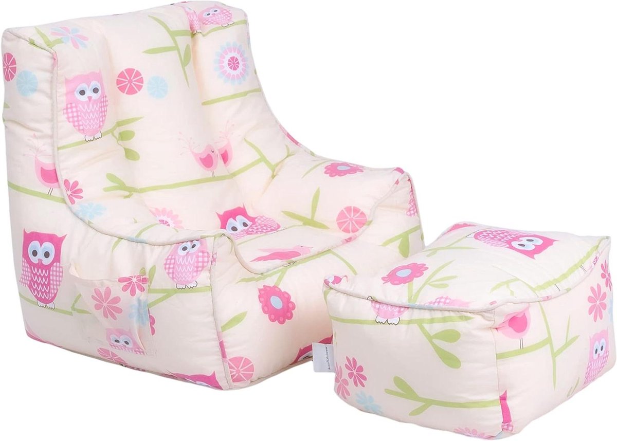 Kinderfauteuil met voetenbank - Zitzak stoel - Comfortabel spelen - Ergonomisch ontworpen - 54cm hoog - Uilen