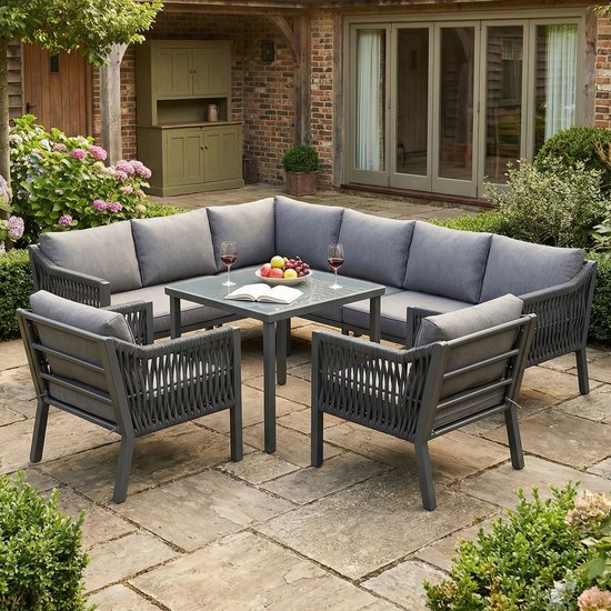 Tuinmeubelset - 8 personen - hoekopstelling - glazen tafelblad - handgeweven touwset - één eettafel - twee fauteuils en een hoeksalon - grijs