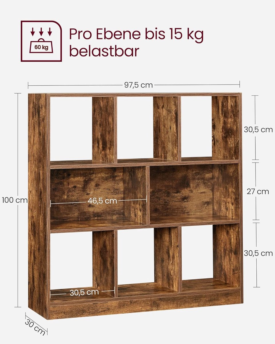 Boekenkast 8 vakken – Kubusrek Vintage Bruin 100 cm – Multifunctioneel Staand Opbergrek – VASAGLE LBC52BX – Omkeerbaar Horizontaal/Verticaal Design – Woonkamer/Kantoor/Slaapkamer – 30 x 97,5 x 100 cm – abtkantoor