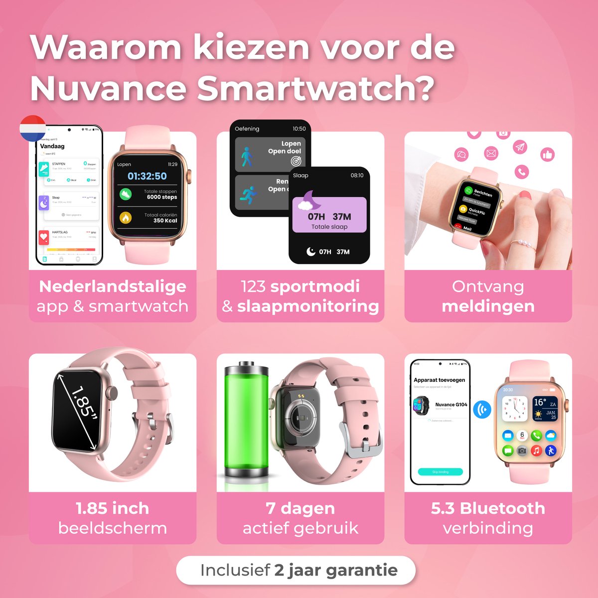 Nuvance Smartwatch Heren & Dames met Bluetooth - 45mm - Geschikt voor alle Smartphones - Stappenteller & Hartslagmeter - Roze – foto 2