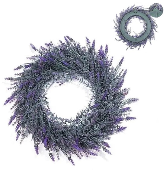 45cm Kunstmatige Lavendel Krans - UV-bestendige Landelijke Decoratiekrans voor Binnen en Buiten, Ideaal voor Voordeur, Openhaard, Bruiloft en Lente Decoratie