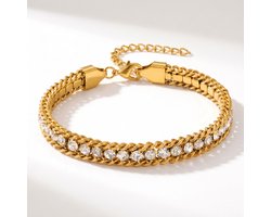 Lundholm Iza Armband Dames Goud Kleurig – Premium Stainless Steel 2.5 Micron PVD Gold Plated – Goudkleurige Schakel Armband met Zirkonia Steentjes – 17 + 5 cm – 6 mm – Scandinavisch Design