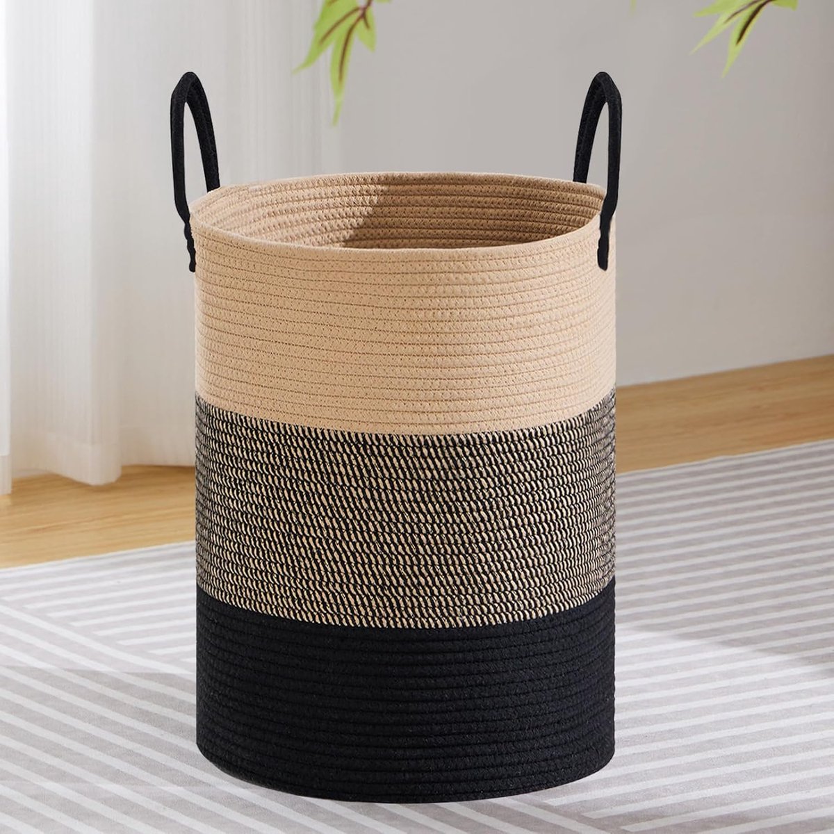 Wasmand, opbergmand, gevlochten mand, 72 l, grote ronde wasverzamelaar met katoenen handvat voor kinderkamer, mand voor dekens en speelgoed voor woonkamer of wasruimte, zwart verloop