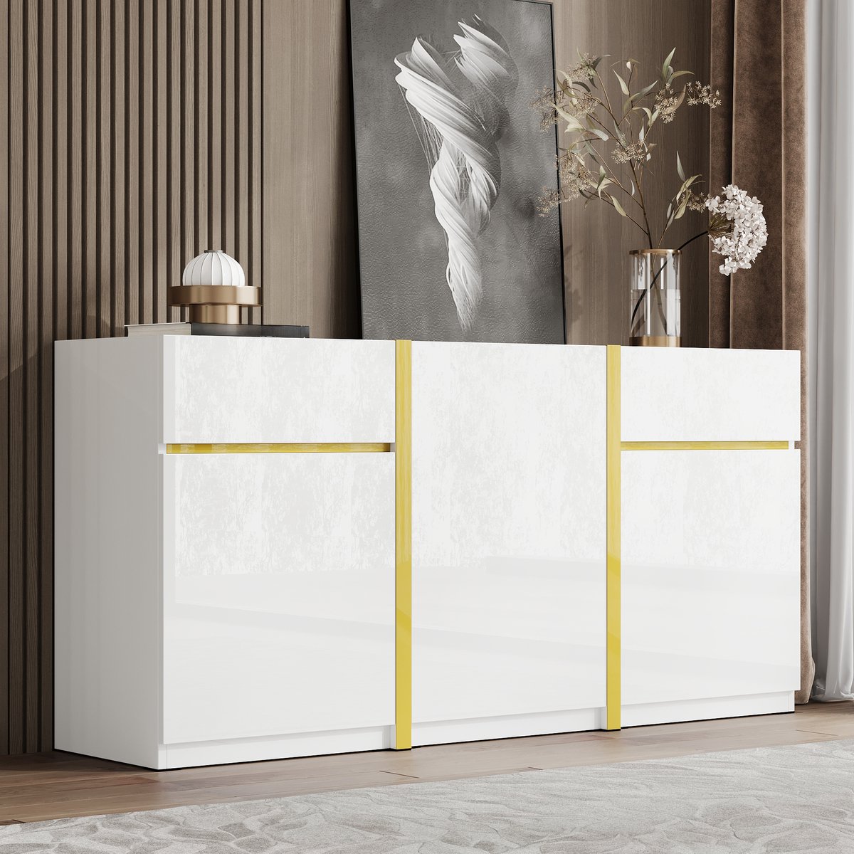 MIVRAY Dressoir - Hoogglans Opbergkast Met 3 Deuren En 2 Laden - Voor Woonkamer En Eetkamer - Wit MDF - 160x40x78 Cm