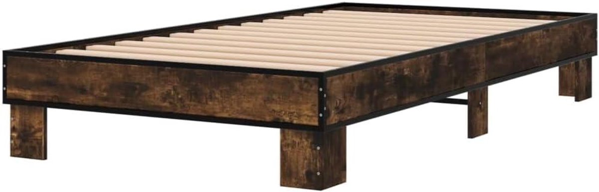 Bedframe Hout Metaal - Eenpersoons Bed - Goede Nachtrust - Multiplex Lattenbodem - 100x200 cm - Gerookt Eiken