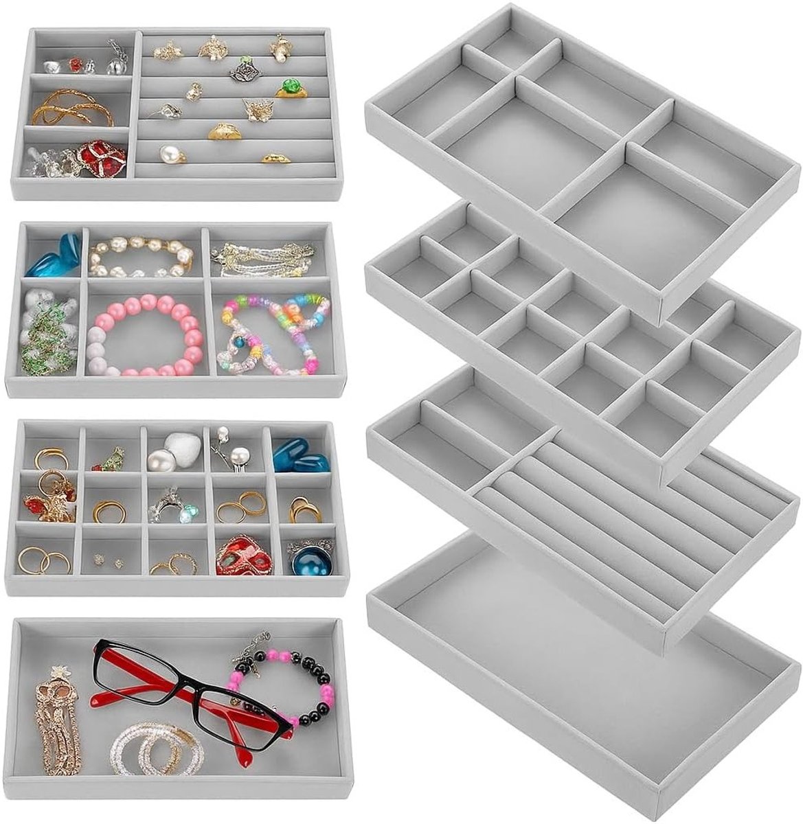Stapelbare opberg- en display trays van fluweel voor sieraden, ideaal voor lade, kast of kapsalon - Perfect cadeau voor vrouwen in grijs