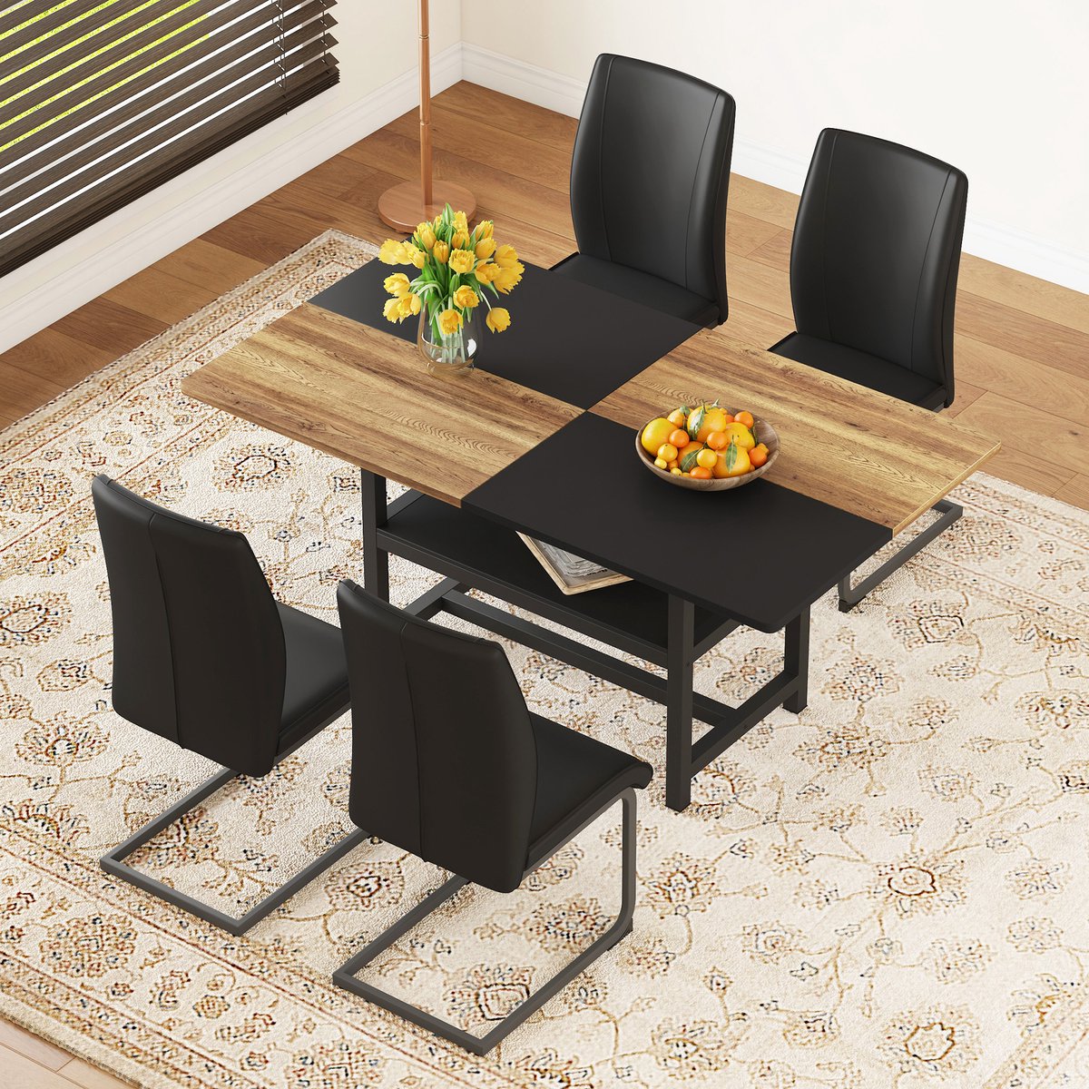 HAUSS SPOLE Eettafelset - Rechthoekige Eettafel Met Opbergplank En 4 Stoelen - Voor Eetkamer En Keuken - MDF Metaal Zwart Houtkleur