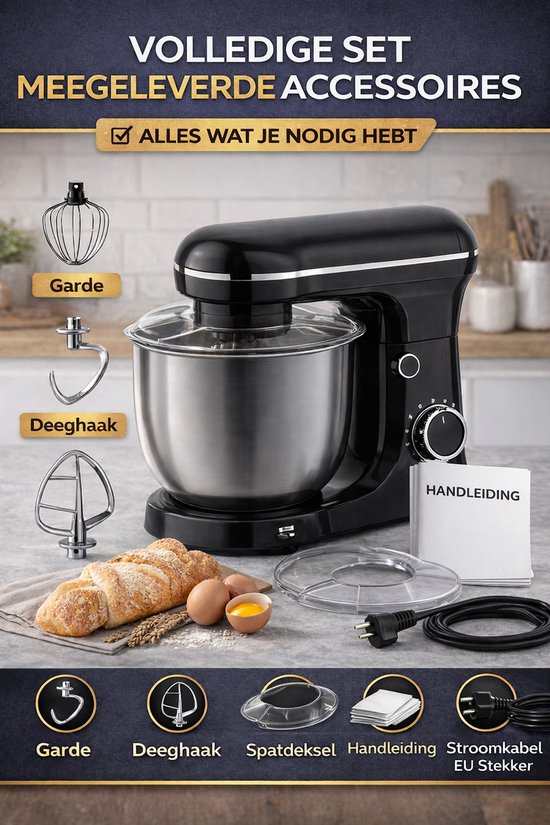 Jurrys Keukenmachine 1500W - Keukenmixer met 5L RVS Kom - 10 Snelheden - Inclusief Deeghaak, Garde & Klopper - Foodprocessor van Merkloos — afbeelding 5