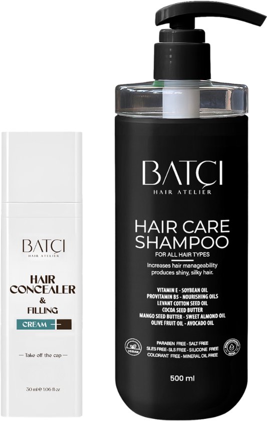 Une bouteille blanche de Batci Hair Concealer & Filling Cream à côté d'une bouteille noire de Batci Hair Care Shampoo 500ml.