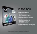 Doos met drie trackers in groen, blauw en grijs. 'In the box' met lijst van inhoud: 3x Smart Finder 2, etc.