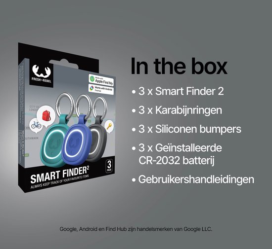 Doos met drie trackers in groen, blauw en grijs. 'In the box' met lijst van inhoud: 3x Smart Finder 2, etc.