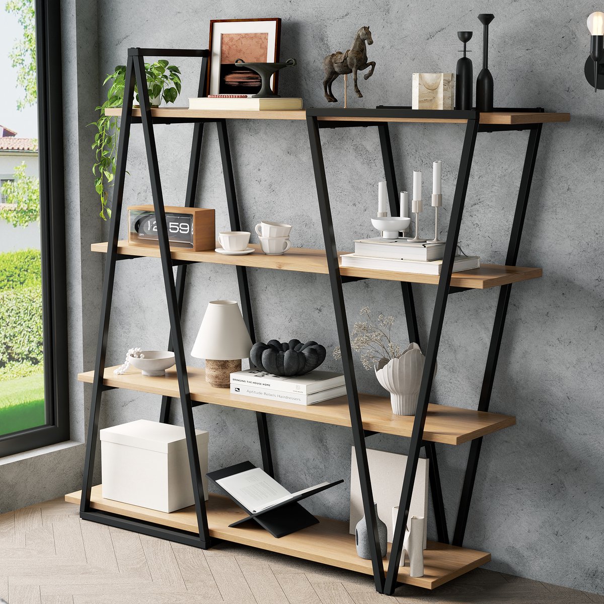 STILVORA Boekenkast – Geometrisch Design – 158 x 35 x 166 cm – MDF En Metaal – Zwart Bruin – Open Opbergruimte Voor Woonkamer En Keuken