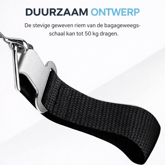 Close-up van de stevige, geweven zwarte riem en metalen haak van de bagageweegschaal.