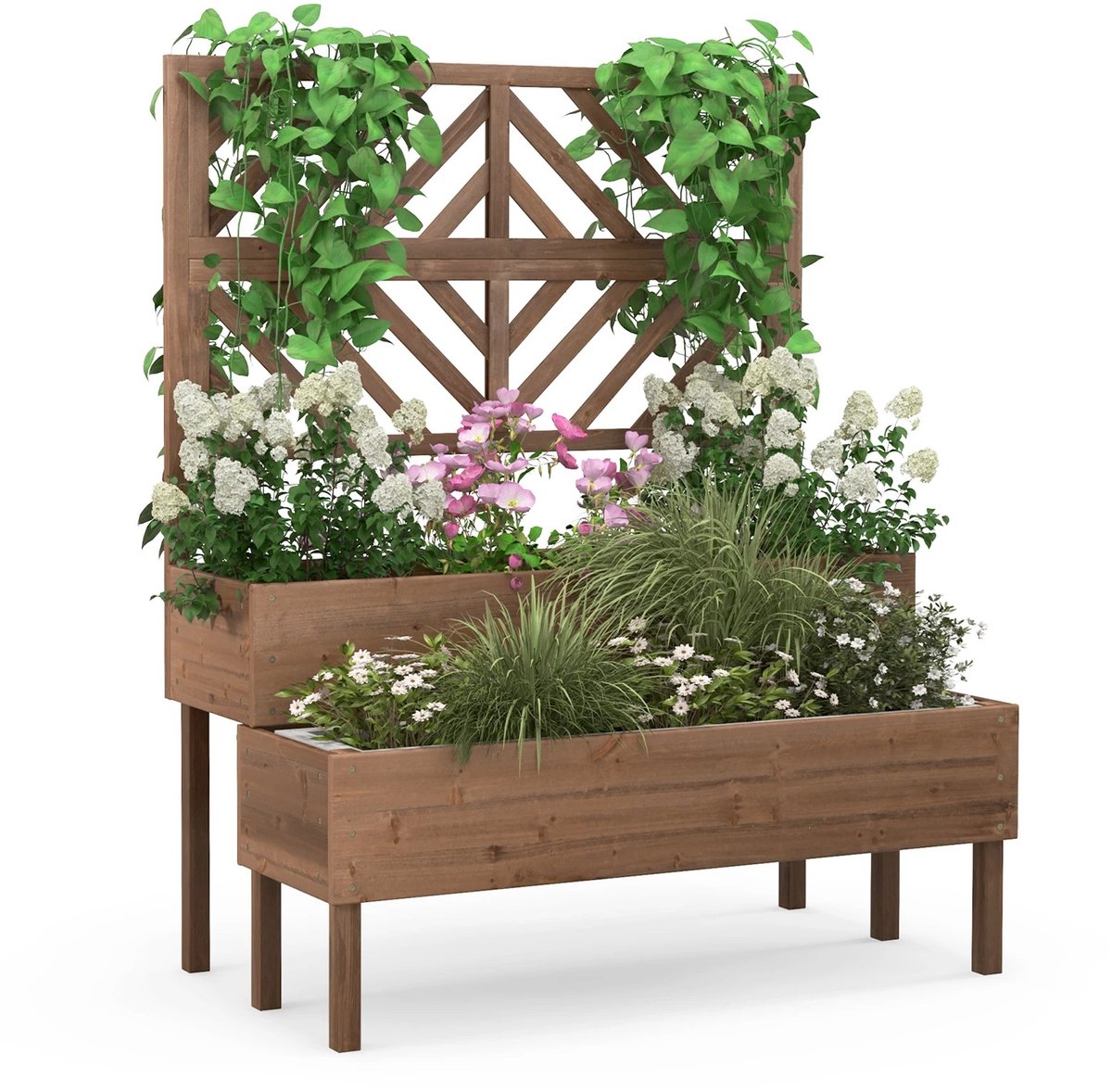 uJOY Plantenbak voor klimplanten - Bloemenbak - Met 2 grote plantenbakken en trellis - Bruin - Natuurlijk dennenhout