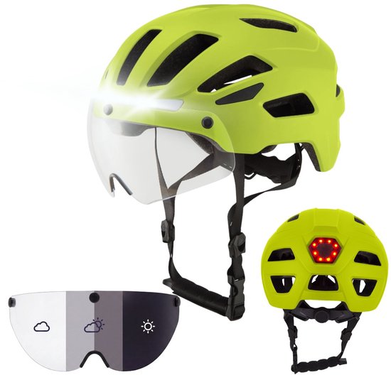 Casque de vélo GOOFF® RIDER avec visière photochromique et éclairage - Casque Ebike pour adultes - Convient aux vélos électriques et aux vélos de course - Lumière LED - Femmes et hommes - Jaune fluo - L