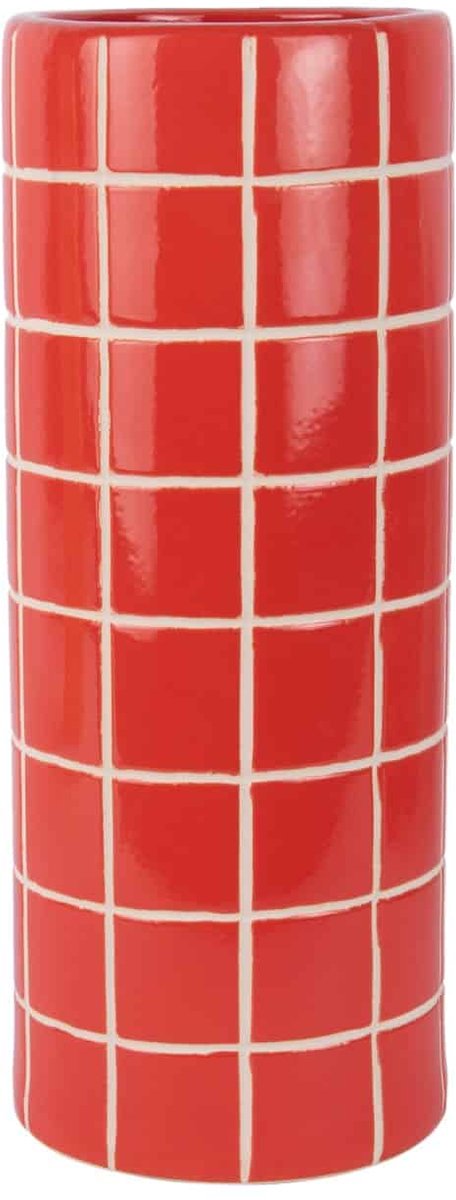 Present Time Vaas Retro Tiles - Helderrood - Ø15cm - Keramiek - Modern - Bloemenvaas - Woondecoratie - Decoratieve vaas voor woonkamer of slaapkamer
