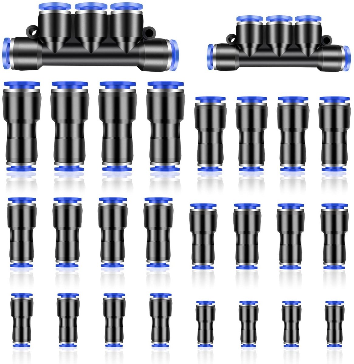 ONF3 - Air Push Snelkoppelingen - Pneumatische Fittingen - Drukbestendig - Blauw en Zwart - 26 Stuks - Geschikt voor 4mm 6mm 8mm 10mm 12mm - Pro...