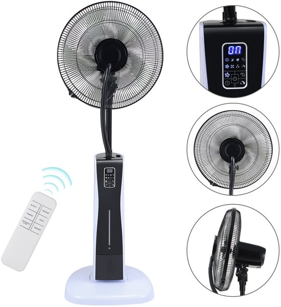 Voetventilator met waternevel 75W, 3 snelheden, timer, afstandsbediening, 80° rotatie, stil, mobiel