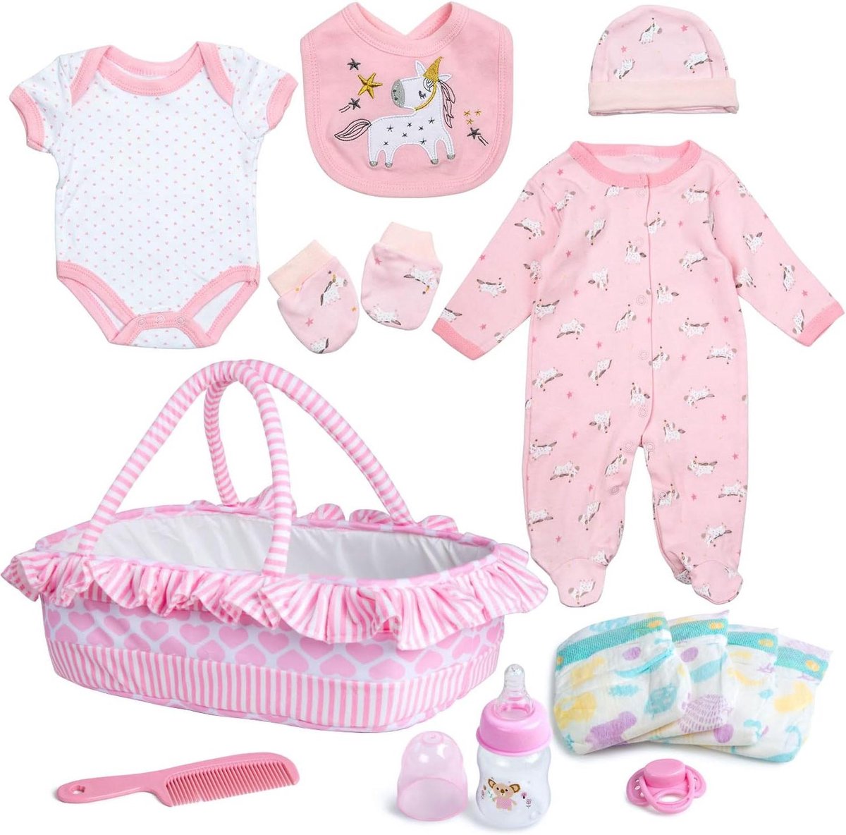 Poppenkleding Set - Accessoires voor poppen - Poppen aankleden - 13-delige eenhoorn thema - 17-22 inch poppen - Roze