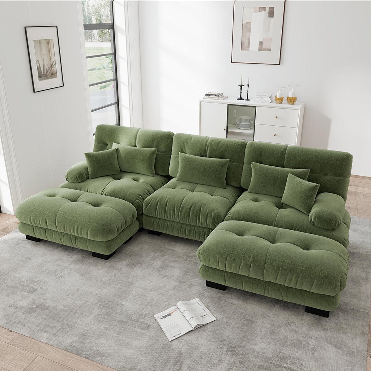 BLACKCOLORS Luxe modulaire hoekbank - Reusachtige U-vormige Cloud-bank voor de woonkamer, slaapbank met diepe zitting en chaise longue, Chenille, Groen