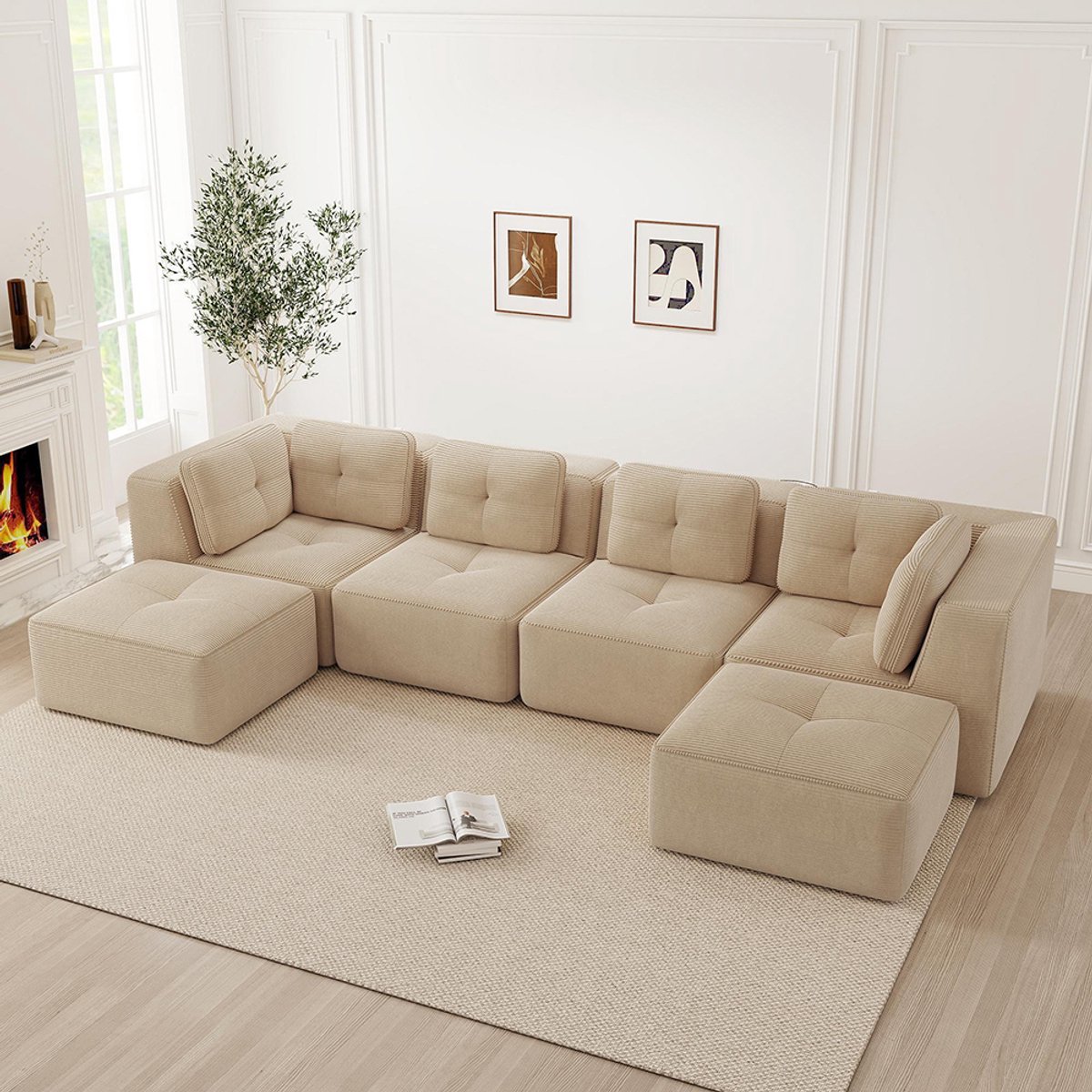 BLACKCOLORS Modulaire bank voor de woonkamer zonder frame, Modulaire hoekbank, U-vormige bank met chaise longue, Diepe slaapbank, Antislipontwerp, Geen montage nodig, Beige
