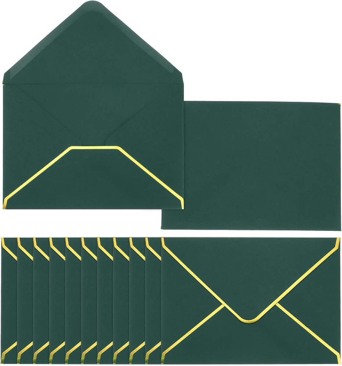 Pack of 100 A7 Envelopes - 5 x 7 Cards - Round Edge V-Flap Envelope - Valentine Envelope with Gold Border for Office - Wedding Card - Invitations - Graduation - Donkergroen