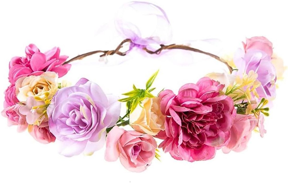 Bloemenkrans Hoofddeksel - Rozen Kroon - Feestelijk Accessoire - Verstelbaar Lint - 53 cm Omtrek - Paars