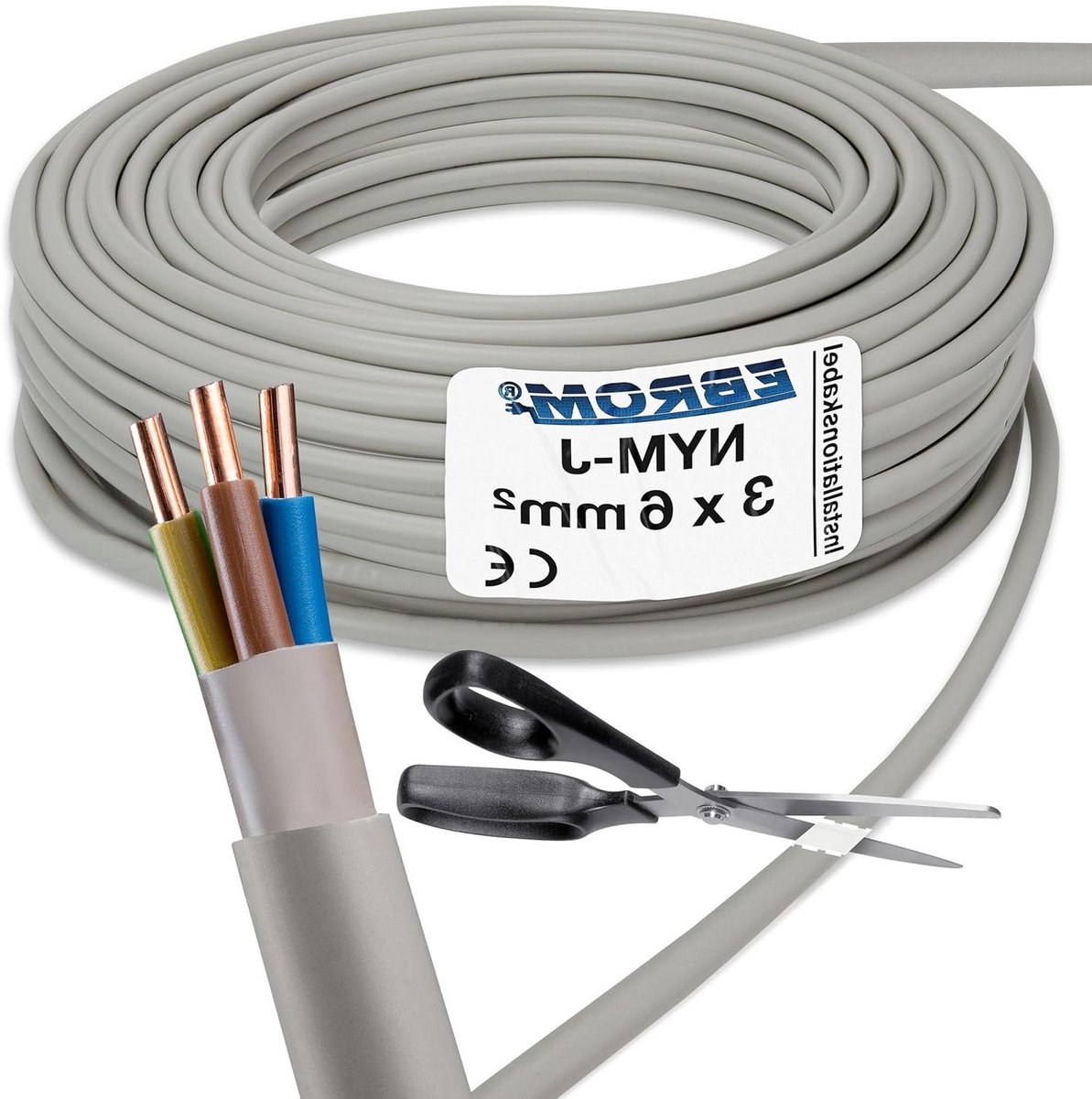 Installatiekabel NYM-J - Kabelleiding - Vaste Installatie - Per meter te bestellen - 3x6 mm² - Grijs