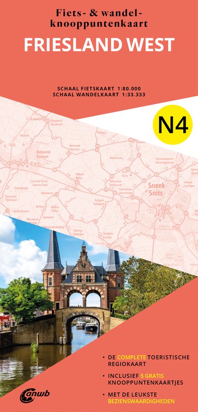 Fiets- en wandelknooppuntenkaart Friesland West. Schaals: 1:80.000 fietskaart, 1:33.333 wandelkaart. Met foto van historische poort met water en bomen.