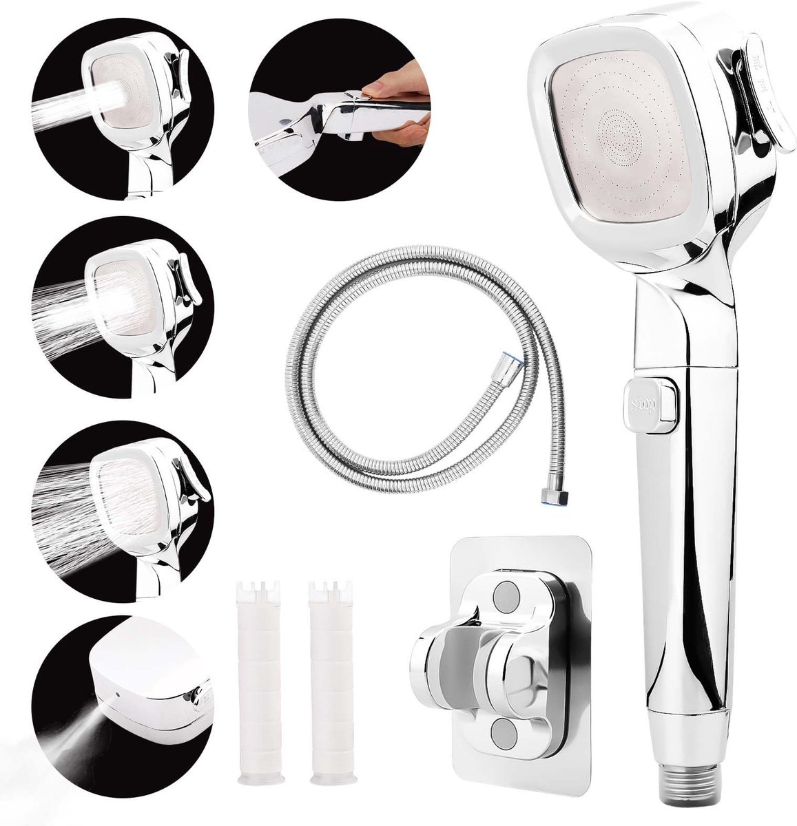 aladdien - RV Shower Head - Waterbesparende Doucheslang - Handdouche met 4 Instellingen - Zilver - Hogedruk Douchekop - Geschikt voor Badkamer en Ca..